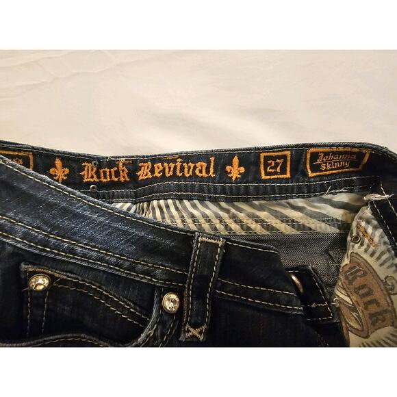 Rock Revival Skinny Jeans Women’s 27 Dark Wash Rhinestone Sides Embroidered - Picture 2 of 3